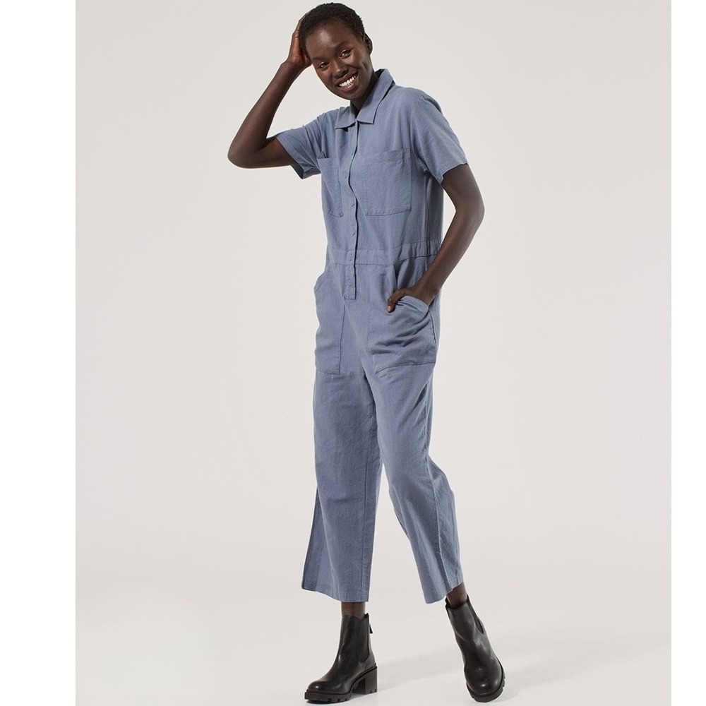 PACT Womens Lightweight Organic Cotton Hemp Utility Jumpsuit XS Blue festival